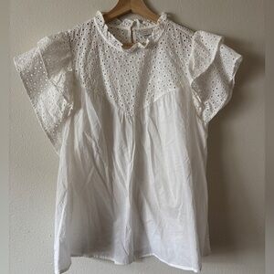 A new day white cotton eyelet ruffle blouse | Size large